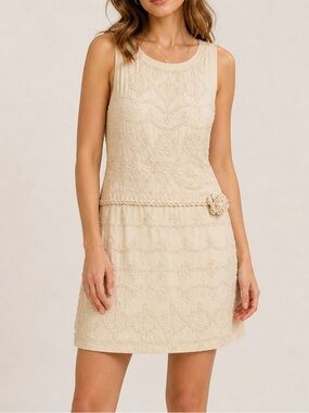 BCBGMaxAzria Embroidered Drop Waist Dress Cream Sleeveless Bridal Mini Dress